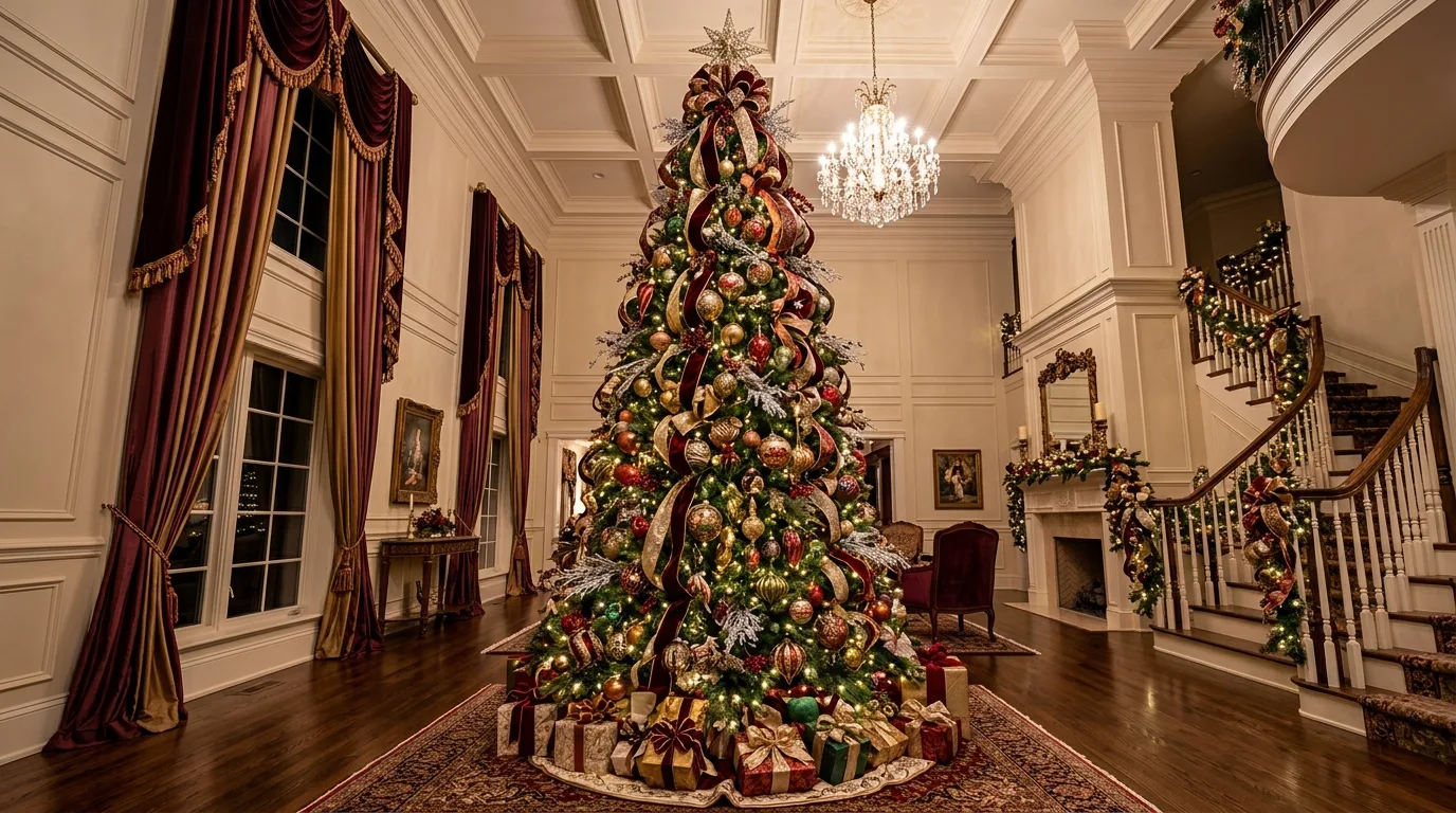 Lavish Christmas tree with ribbons, large ornaments, and layered lights.